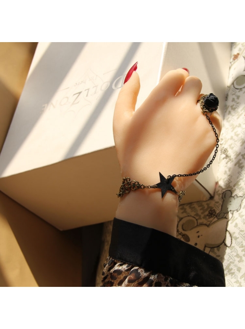 Punk Fashion Girl Black Star Rose Bracelet Ring One Chain