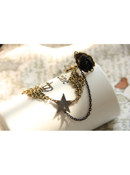 Punk Fashion Girl Black Star Rose Bracelet Ring One Chain
