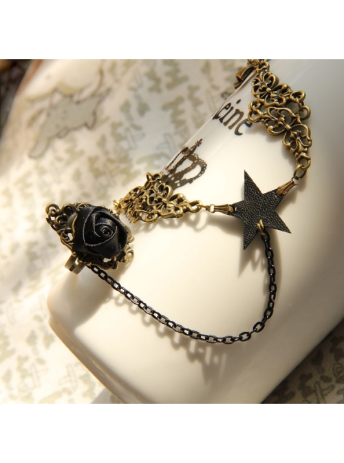 Punk Fashion Girl Black Star Rose Bracelet Ring One Chain