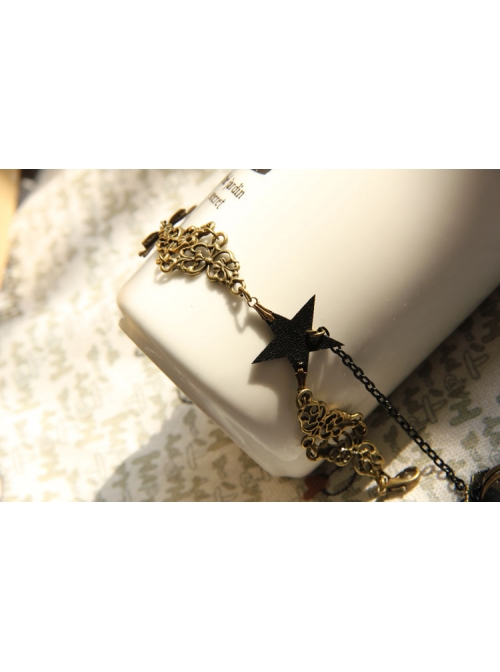 Punk Fashion Girl Black Star Rose Bracelet Ring One Chain