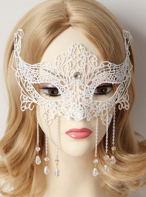 Lolita Masquerade White Lace Crystal Chain Princess Half Face Mask