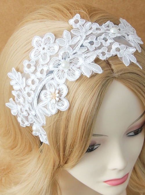 Lolita White Lace Flowers Wide Brim Headband Pearl Handmade Design Jewelry