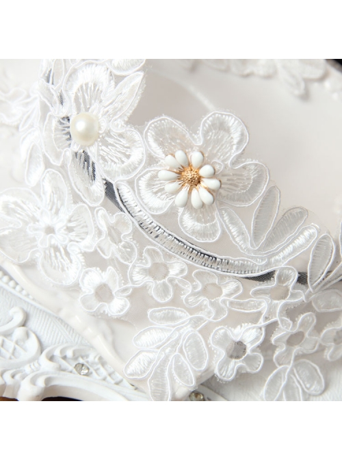 Lolita White Lace Flowers Wide Brim Headband Pearl Handmade Design Jewelry
