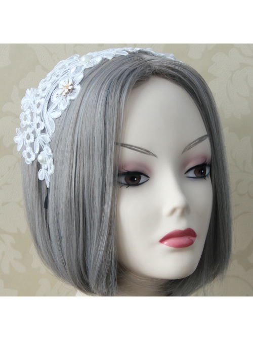 Lolita White Lace Flowers Wide Brim Headband Pearl Handmade Design Jewelry