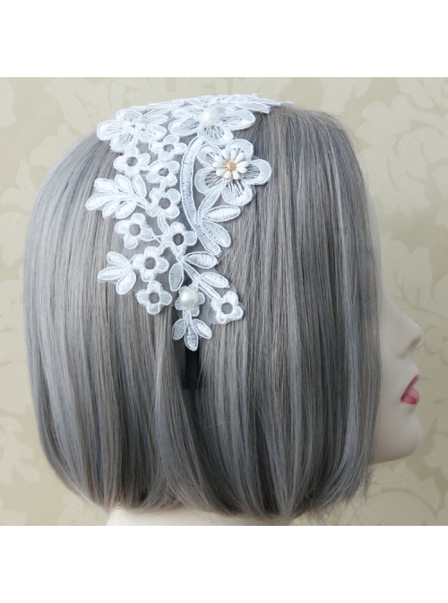 Lolita White Lace Flowers Wide Brim Headband Pearl Handmade Design Jewelry