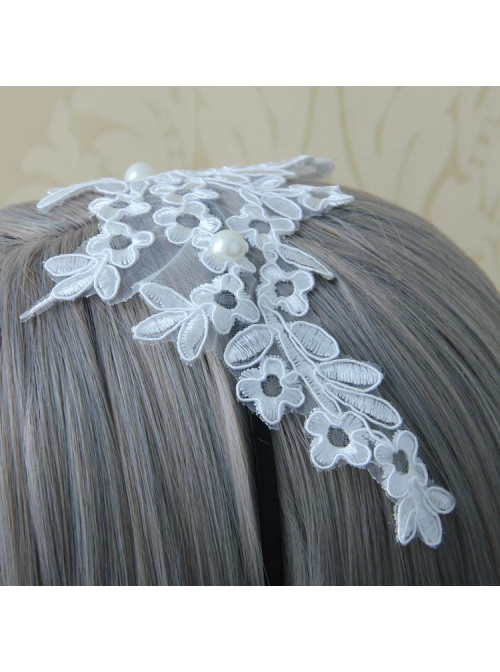 Lolita White Lace Flowers Wide Brim Headband Pearl Handmade Design Jewelry