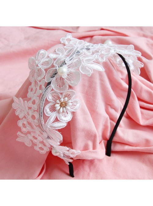 Lolita White Lace Flowers Wide Brim Headband Pearl Handmade Design Jewelry