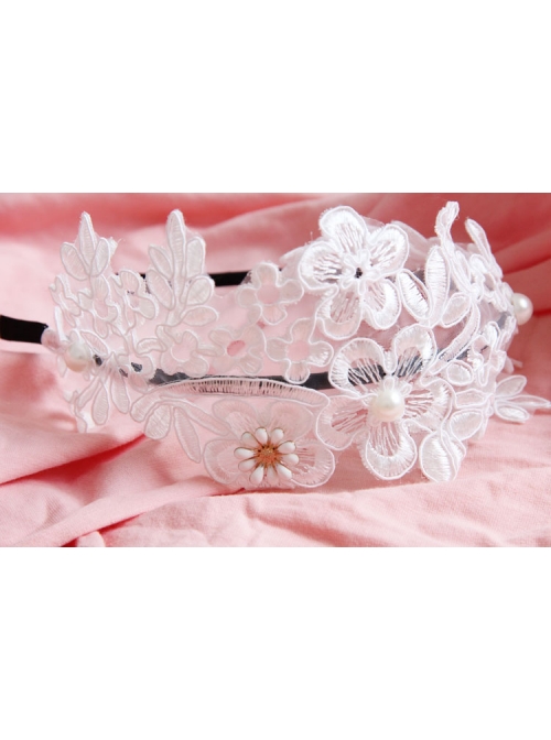 Lolita White Lace Flowers Wide Brim Headband Pearl Handmade Design Jewelry