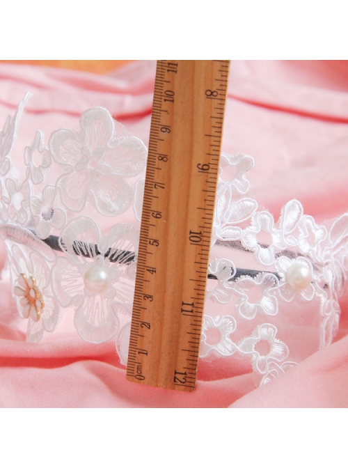 Lolita White Lace Flowers Wide Brim Headband Pearl Handmade Design Jewelry