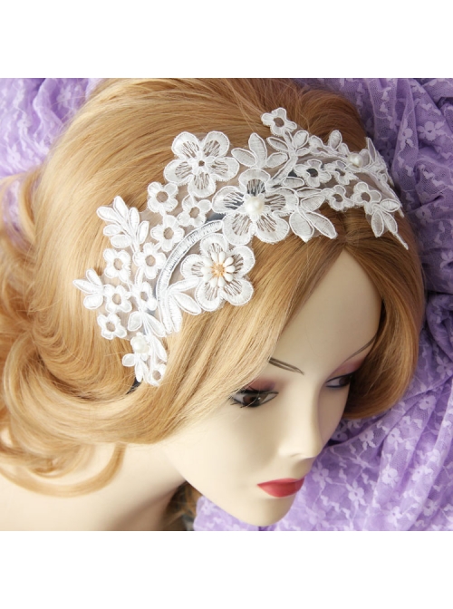Lolita White Lace Flowers Wide Brim Headband Pearl Handmade Design Jewelry