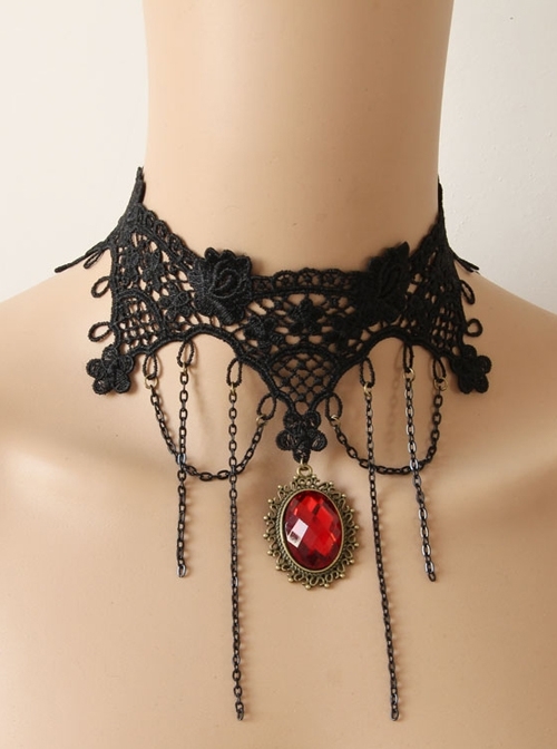 Retro Wedding Gothic Punk Fashion Exaggerated Black Lace Ruby Choker