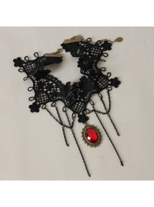 Retro Wedding Gothic Punk Fashion Exaggerated Black Lace Ruby Choker