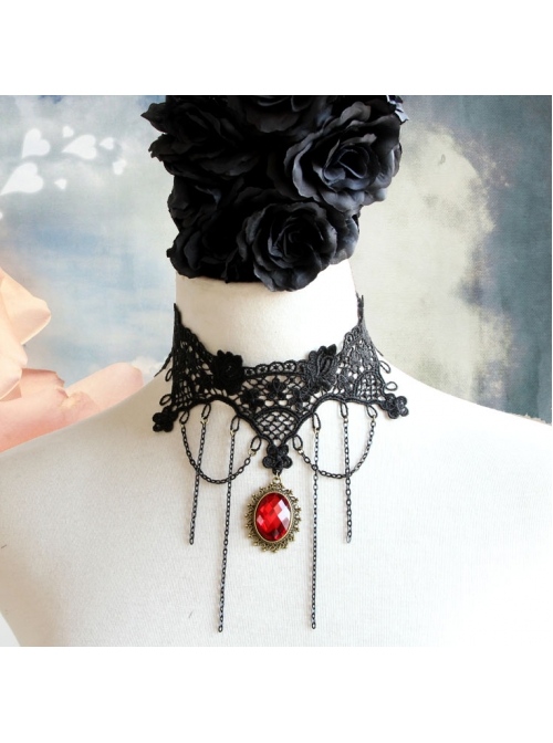 Retro Wedding Gothic Punk Fashion Exaggerated Black Lace Ruby Choker