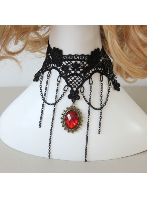 Retro Wedding Gothic Punk Fashion Exaggerated Black Lace Ruby Choker