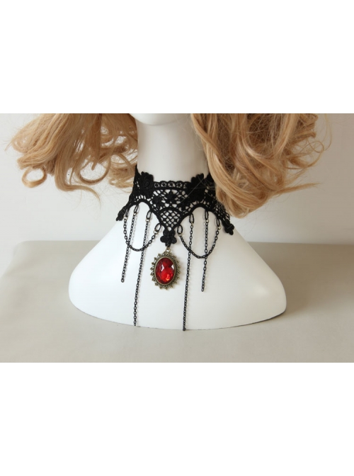 Retro Wedding Gothic Punk Fashion Exaggerated Black Lace Ruby Choker