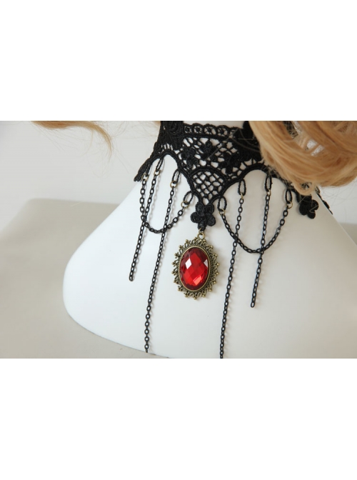 Retro Wedding Gothic Punk Fashion Exaggerated Black Lace Ruby Choker