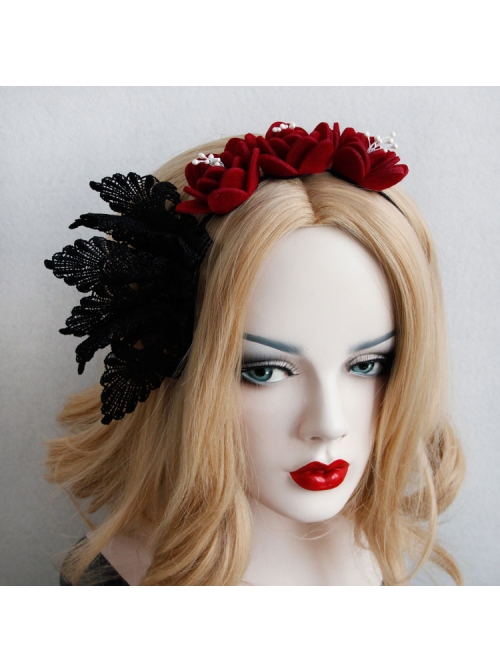 Gothic Retro Red Rose Black Lace Fashion Prom Party Sexy Headband