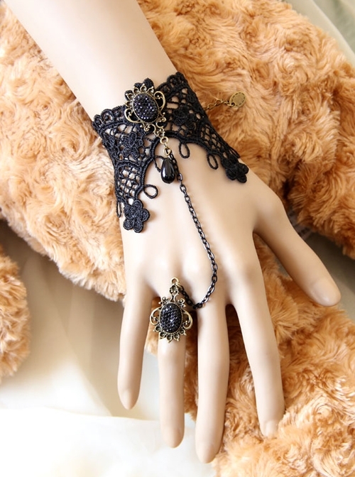 Fairy Bride Bridesmaid Retro Gothic Black Lace Bracelet Ring One Chain
