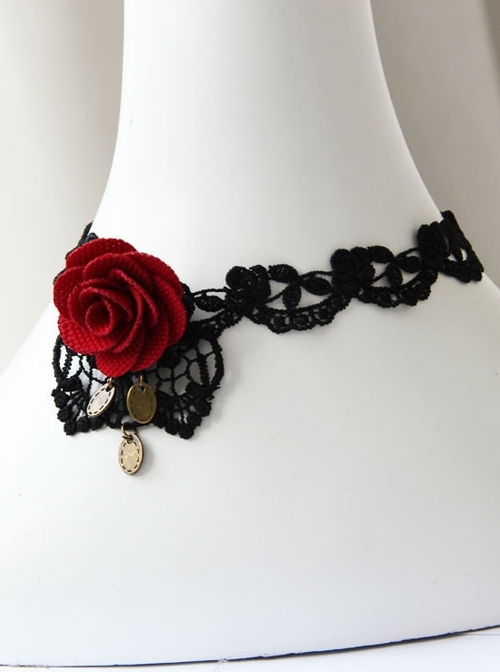 Gothic Retro Red Rose Fashion Black Lace Female Choker