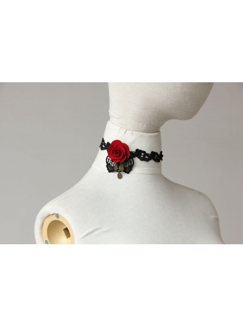 Gothic Retro Red Rose Fashion Black Lace Female Choker