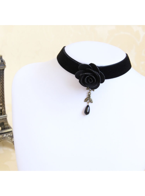 Gothic Punk Black Rose Velvet Pearl Choker