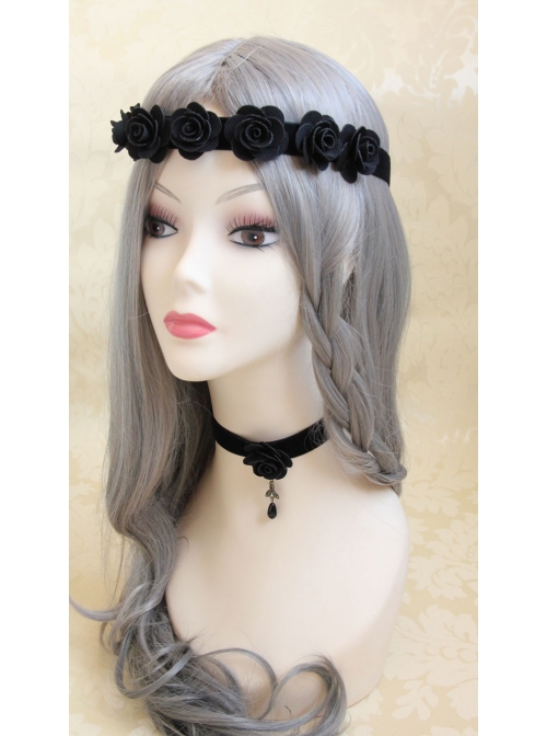 Gothic Punk Black Rose Velvet Pearl Choker