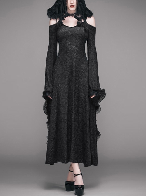 Black Elastic 3D Palace Pattern Burnt Flower Fabric Strapless Big Cuff Rabbit Fur Lace Hat Long Gothic Dress
