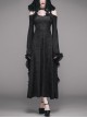 Black Elastic 3D Palace Pattern Burnt Flower Fabric Strapless Big Cuff Rabbit Fur Lace Hat Long Gothic Dress