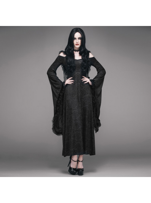 Black Elastic 3D Palace Pattern Burnt Flower Fabric Strapless Big Cuff Rabbit Fur Lace Hat Long Gothic Dress