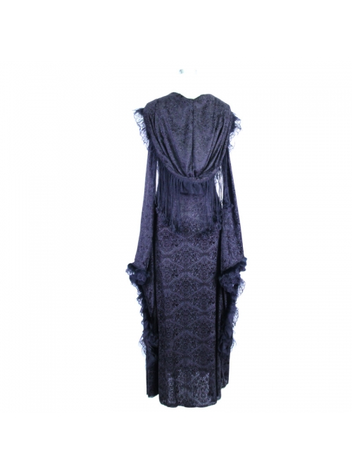 Black Elastic 3D Palace Pattern Burnt Flower Fabric Strapless Big Cuff Rabbit Fur Lace Hat Long Gothic Dress