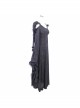 Black Elastic 3D Palace Pattern Burnt Flower Fabric Strapless Big Cuff Rabbit Fur Lace Hat Long Gothic Dress
