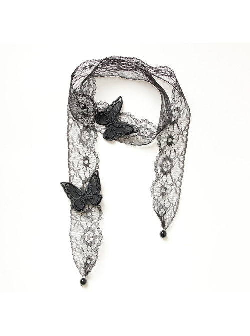 Gothic Black Net Yarn Lace Butterfly Female Bandage Sweater Chain Necklace