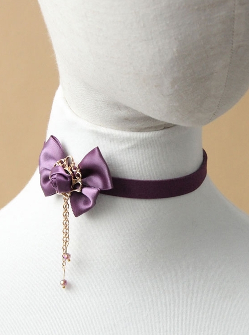 Retro Lace Fashion All-Match Purple Bow Chain Satin Choker