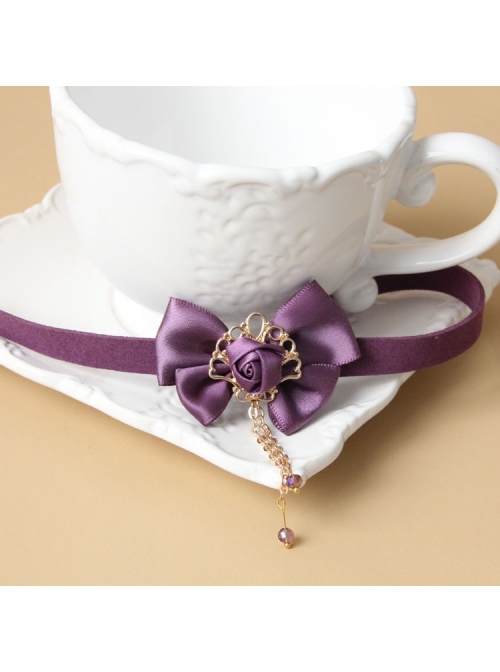 Retro Lace Fashion All-Match Purple Bow Chain Satin Choker