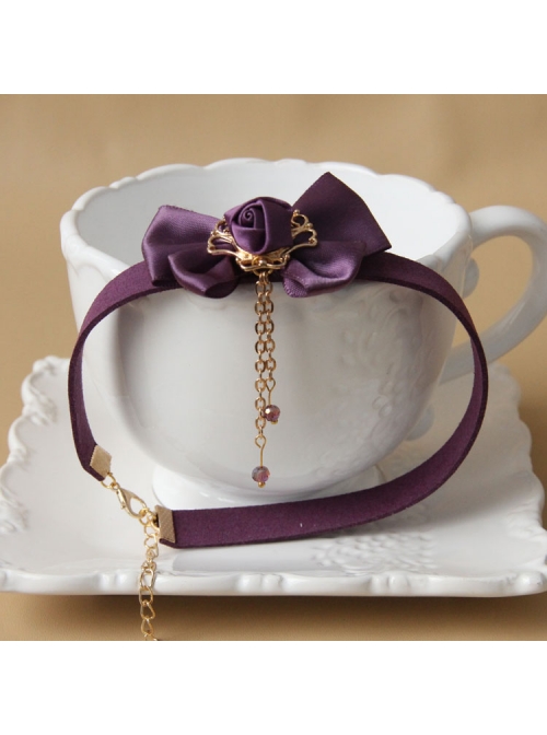 Retro Lace Fashion All-Match Purple Bow Chain Satin Choker