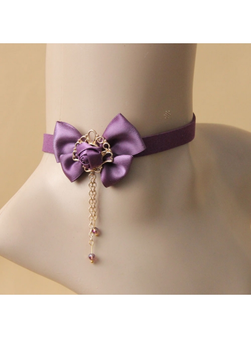 Retro Lace Fashion All-Match Purple Bow Chain Satin Choker