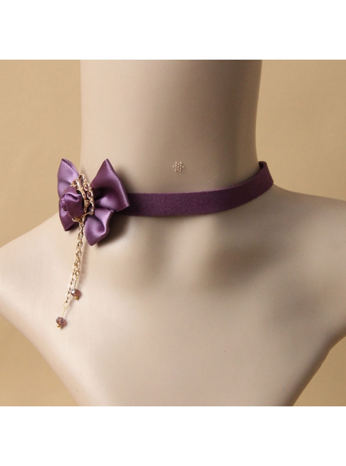 Retro Lace Fashion All-Match Purple Bow Chain Satin Choker