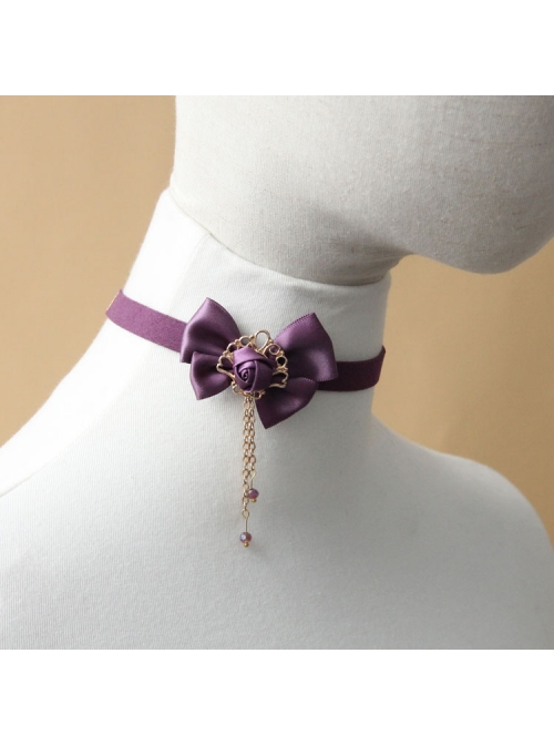 Retro Lace Fashion All-Match Purple Bow Chain Satin Choker