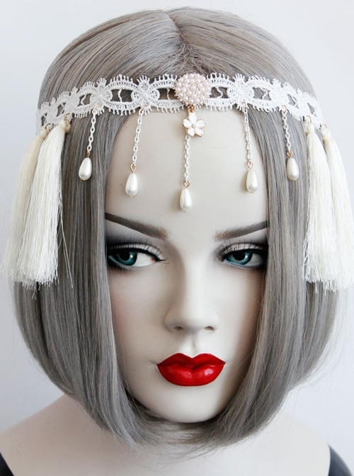 Christmas Wreath Tassels Retro Holiday Elastic White Tassels Pearls Headband