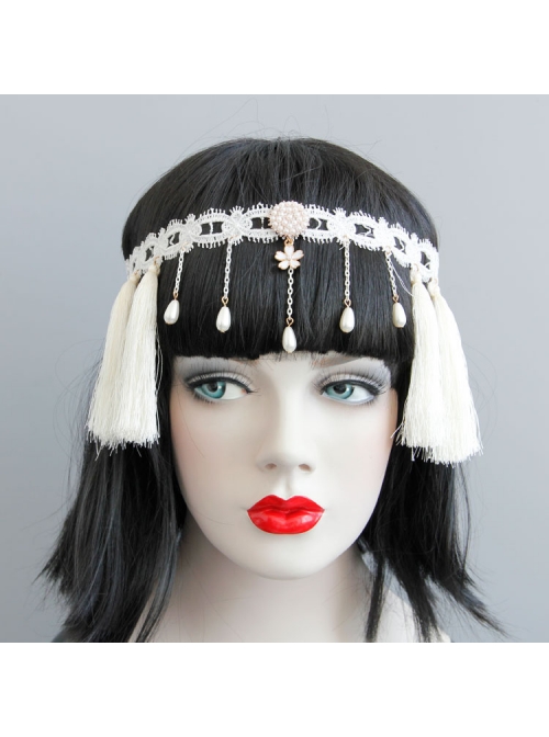 Christmas Wreath Tassels Retro Holiday Elastic White Tassels Pearls Headband