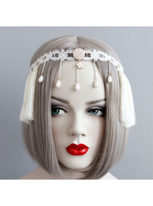 Christmas Wreath Tassels Retro Holiday Elastic White Tassels Pearls Headband