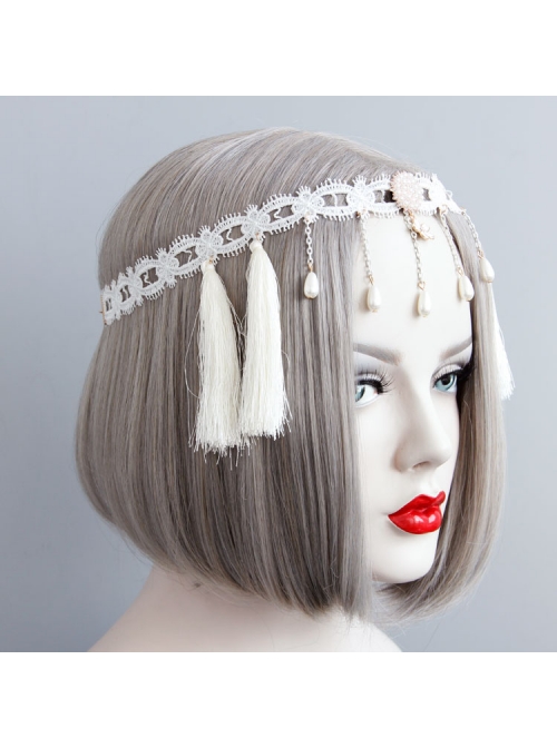 Christmas Wreath Tassels Retro Holiday Elastic White Tassels Pearls Headband