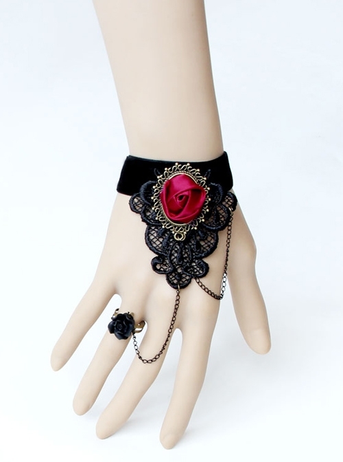 Gothic Palace Style Fashion Retro Black Lace Bracelet With Ring Set