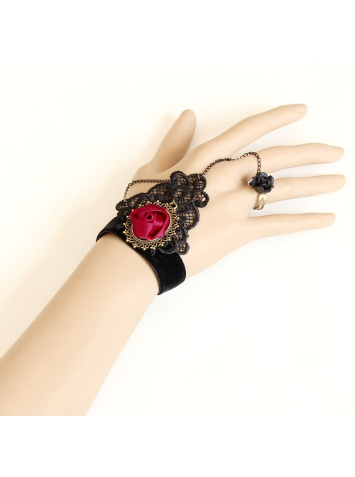 Gothic Palace Style Fashion Retro Black Lace Bracelet With Ring Set