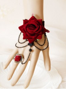 Baroque Retro Luxury Halloween Red Rose Tassel Bracelet Ring One Wristband Jewelry