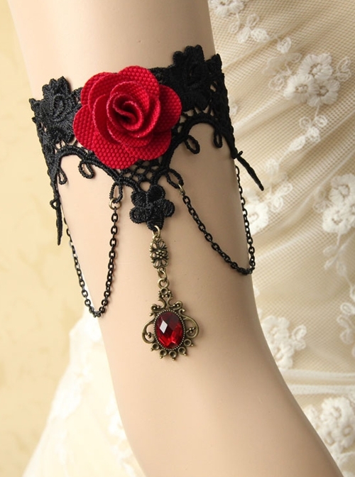 Gothic Retro Fashion Female Black Lace Red Rose Ruby Bracelet