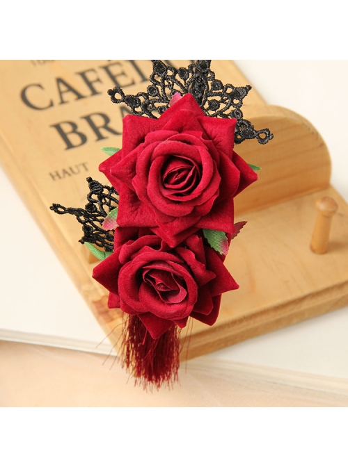 Gothic Retro Halloween Christmas Retro Red Rose Lace Tassel Headband