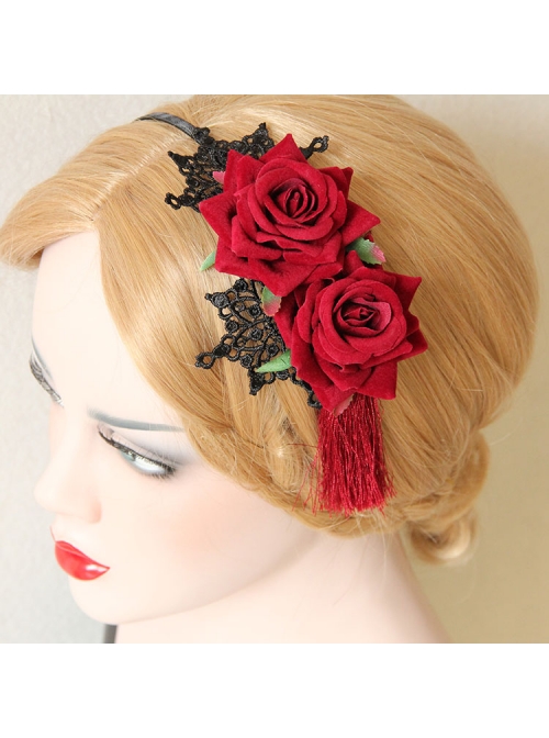 Gothic Retro Halloween Christmas Retro Red Rose Lace Tassel Headband