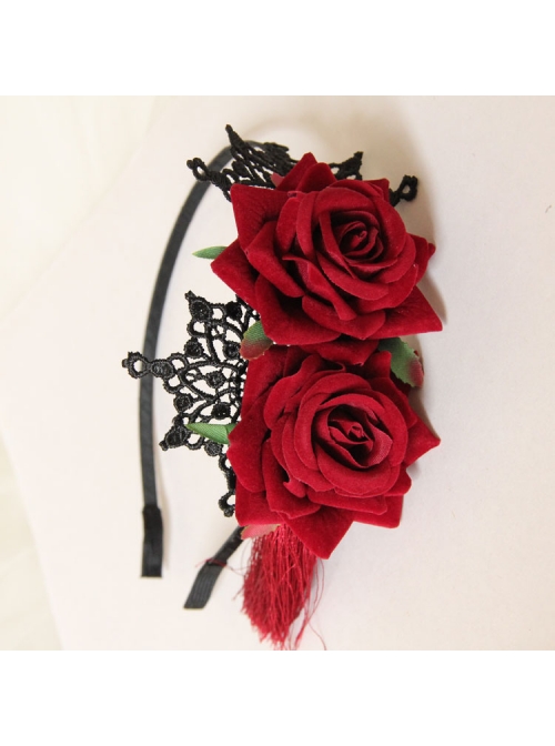 Gothic Retro Halloween Christmas Retro Red Rose Lace Tassel Headband