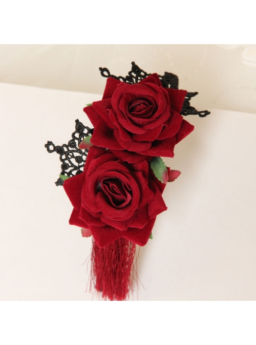 Gothic Retro Halloween Christmas Retro Red Rose Lace Tassel Headband